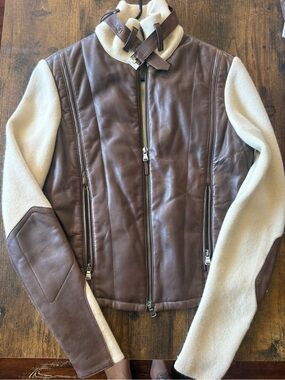 Ralph Lauren Brown Leather Jacket with Cream Knit Sleeves